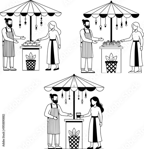 Street Market Vendor Illustration Set, Small Business Food Stall, Coffee and Bakery Stand Line Art Vector