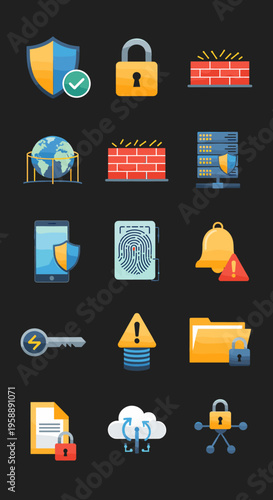 A comprehensive set of flat design icons representing various aspects of cybersecurity, data protection, and network security on a dark background.
