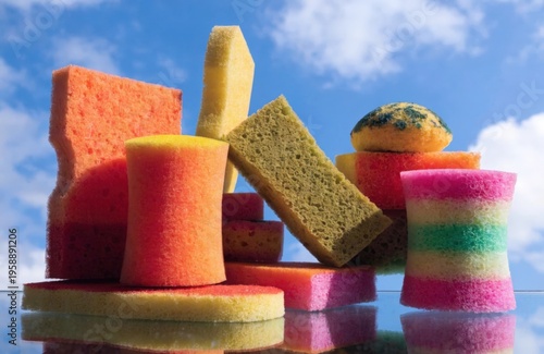 A set of sponges for washing dishes, different bright colors, different shapes on a background, shot in an art style