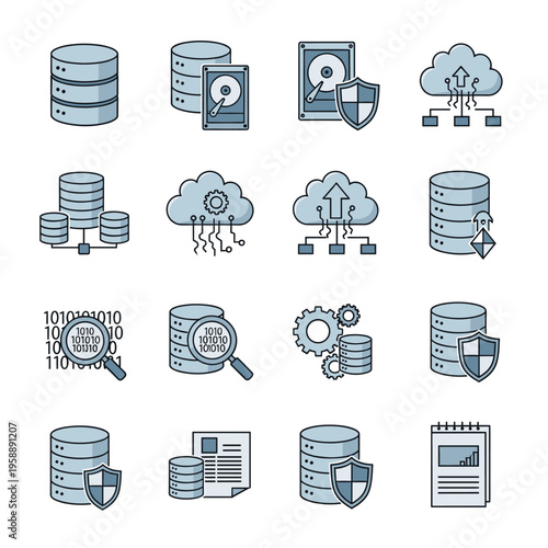 A comprehensive set of database and data management icons, featuring cloud storage, security, and data analysis concepts.