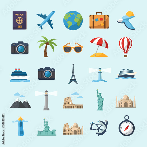 A vibrant collection of travel-themed icons, featuring landmarks, transportation, and vacation essentials, presented on a light blue background.