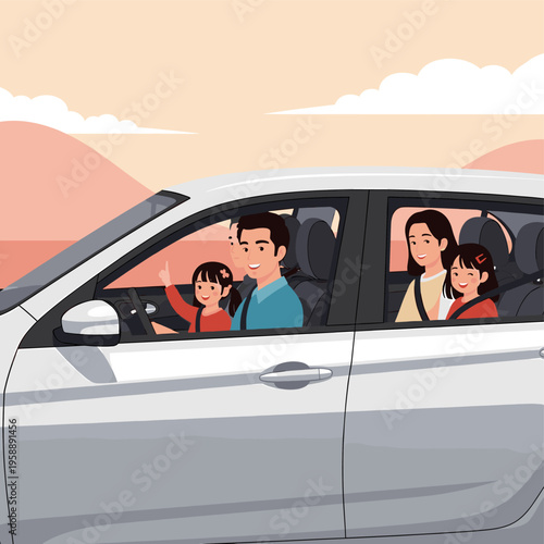 A family of four, including two parents and two children, enjoying a car ride or road trip in a white vehicle with a scenic background.