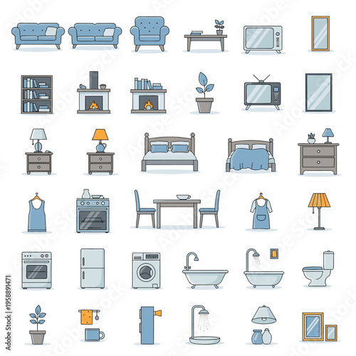 A comprehensive collection of household furniture and appliance icons, featuring items for living rooms, bedrooms, kitchens, and bathrooms in a clean, outlined style.