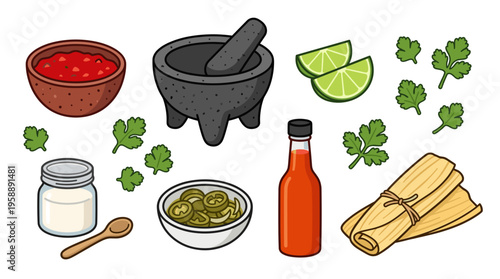 Vector illustration set of tamale condiments and sides including salsa, molcajete, lime, hot sauce, cilantro, and jalapeno peppers on white background.