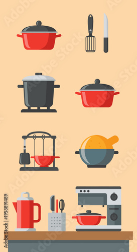 A collection of various kitchen utensils and appliances including pots, pans, a kettle, a juicer, and a coffee machine, depicted in a flat design style.