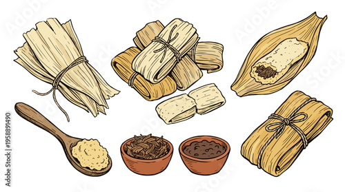 Hand drawn vector set of traditional Mexican tamales wrapped in corn husks, unwrapped tamale with meat filling, masa dough on wooden spoon, and salsa bowls.