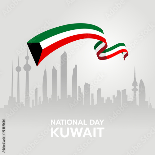 Vector art for Kuwait National Day featuring a stylized waving flag above a grey silhouette of the Kuwait City skyline, including the Kuwait Towers. Clean flat design.