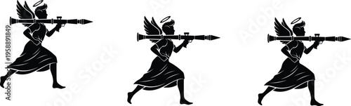 Angel silhouettes with wings and halo carrying rocket launcher, surreal divine figure, provocative art design, conceptual spiritual illustration