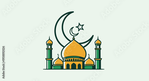 Islamic Architecture Mosque Icon with Crescent Moon and Star