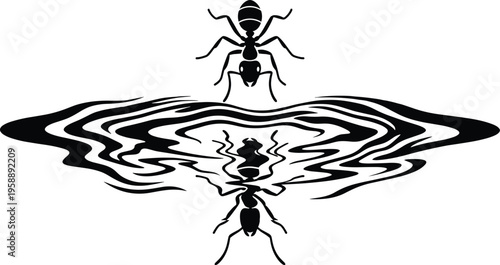 Ant silhouette reflection artwork, insect above water illustration, abstract ripple design, nature concept drawing, black silhouette vector, stylized insect symmetry