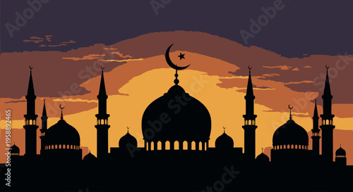 Mosque Silhouette at Sunset with Crescent Moon