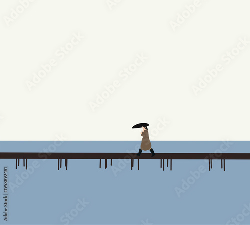 Woman wearing brown cloth holding black umbrella walking on wooden pier. Holiday vacation.