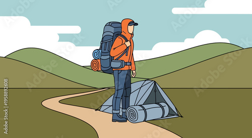 Adventurous Hiker Pauses Journey Near Campsite Amidst Scenic Rolling Hills Landscape