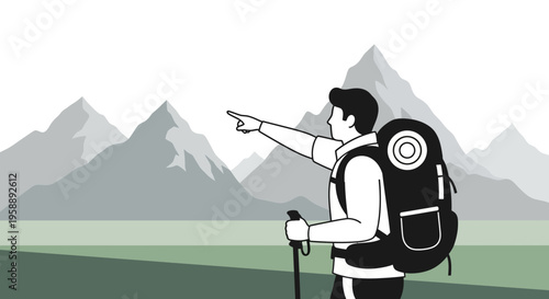 Adventurous Hiker Points Towards Majestic Mountain Peaks