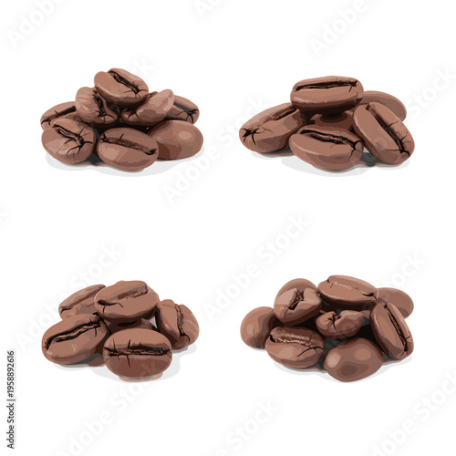 Four Piles of Roasted Coffee Beans Isolated on White Background.