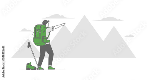 Adventurous Hiker Points Towards Majestic Mountain Peaks Scenic Vista