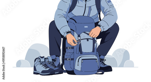 Adventurous Hiker Prepares Backpack and Boots For Mountain Expedition