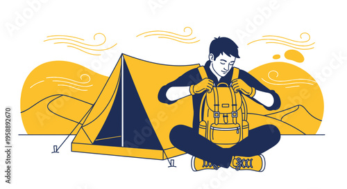 Adventurous Hiker Prepares Backpack Beside Tent Under Sunny Desert Landscape