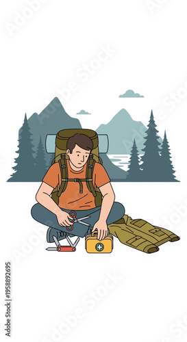 Adventurous Hiker Prepares First Aid Kit Outdoors Among Mountains