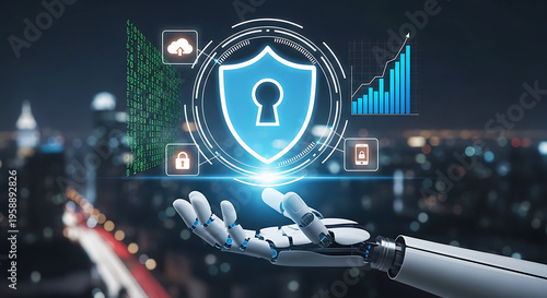 Robotic hand holding digital security shield with data and charts background