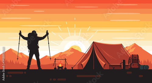 Adventurous Hiker Standing Strong With Poles Amidst Majestic Mountain Sunrise Camp
