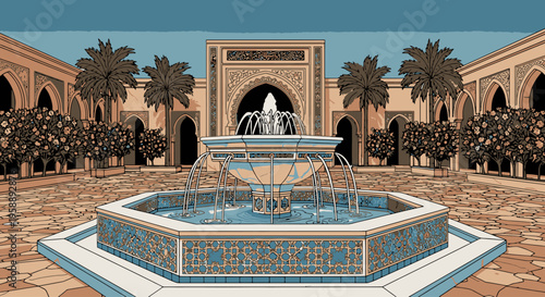 Moroccan Courtyard Fountain with Palm Trees