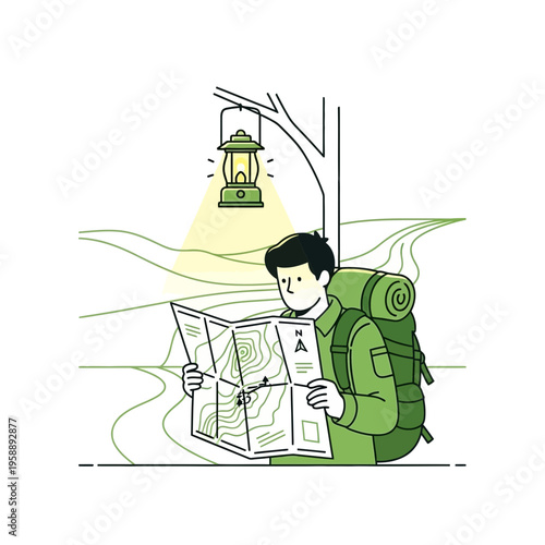 Adventurous Hiker Studying Detailed Map Under Vintage Lantern Light