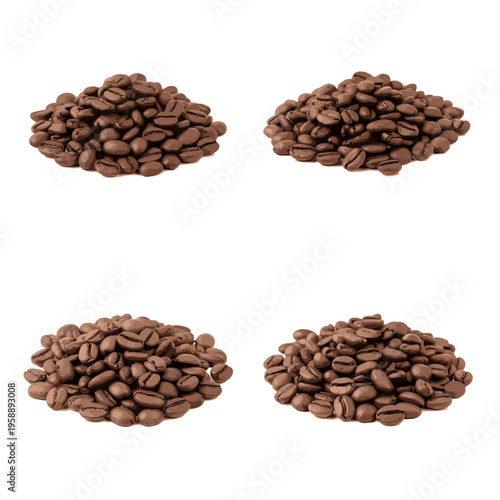 Four Piles of Roasted Coffee Beans on White Background.