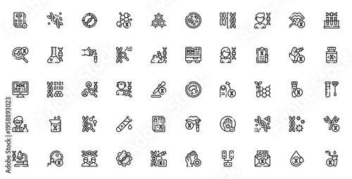 DNA Test icon set. Vector illustration for health, gene mutation, cell, chromosome, paternity, research, biotechnology, medicine, and science. Editable stroke.