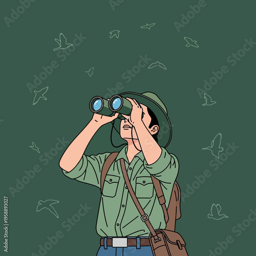 Adventurous Ornithologist Gazes Through Binoculars At Sky