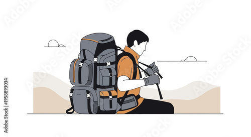 Adventurous Hiker With Large Backpack Resting In Desert Landscape With Trekking Poles