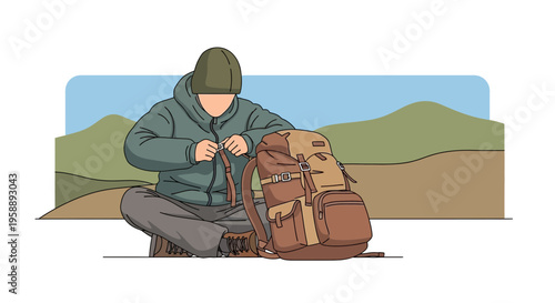 Adventurous Person Adjusting Backpack Gear While Resting Outdoors