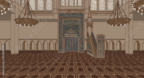 Interior of a mosque with ornate door and chandeliers