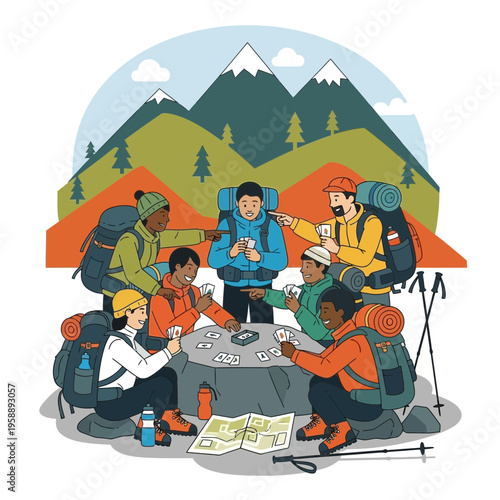 Adventurous Hikers Enjoying Card Game In Mountainous Camp
