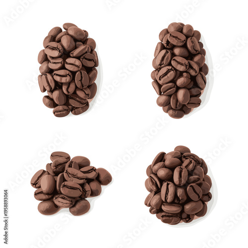 Four Piles of Roasted Coffee Beans on White Background.