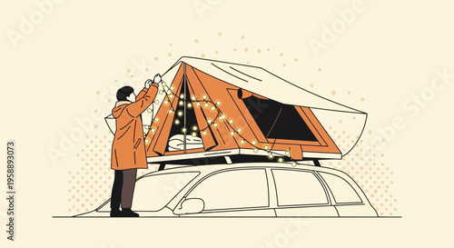 Adventurous Person Decorating Rooftop Tent With String Lights