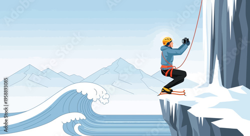 Adventurous Ice Climber Captures Scenic Vista With Camera High Above Wavy Ocean