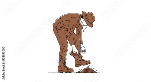 Adventurous Individual Brushing Dust Off Rugged Boots Preparing For Exploration