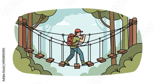 Adventurous Person Navigating a Suspended Rope Bridge High Above Forest Floor