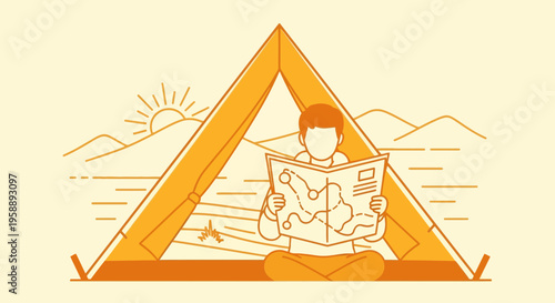 Adventurous Person Planning Journey Inside Tent At Sunrise With Map