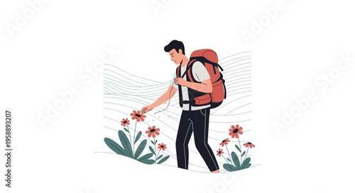 Adventurous Man Exploring Nature And Admiring Wildflowers