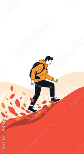 Adventurous Man Hiking Up A Scenic Autumn Trail With Falling Leaves