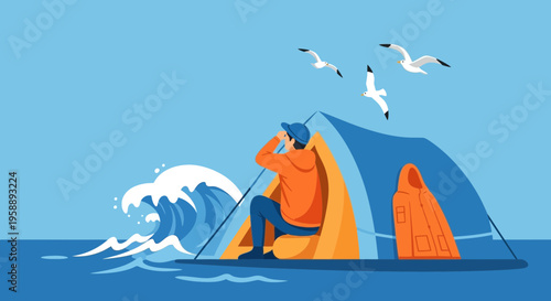 Adventurous Man Gazing Through Binoculars From Tent Amidst Ocean Waves