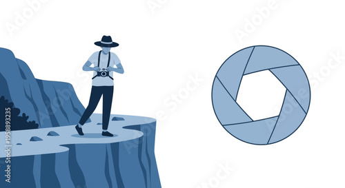 Adventurous Photographer Captures Scenic Vista With Camera Aperture Symbol