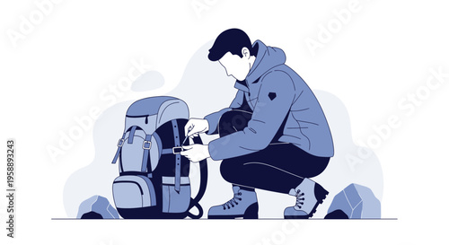 Adventurous Man Prepares Backpack For Outdoor Expedition Adventure