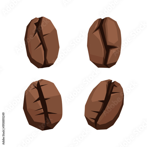 Four Roasted Coffee Beans Isolated on White Background.