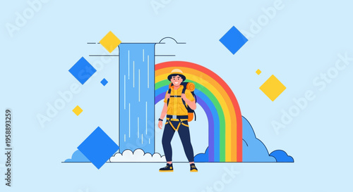 Adventurous Traveler Embarks On A Vibrant Rainbow Waterfall Journey