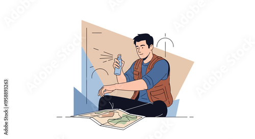 Adventurous Man Prepares For Expedition With Map And Spray
