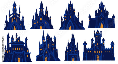 Gothic Castles Dark Blue Orange Light Windows Night Sky