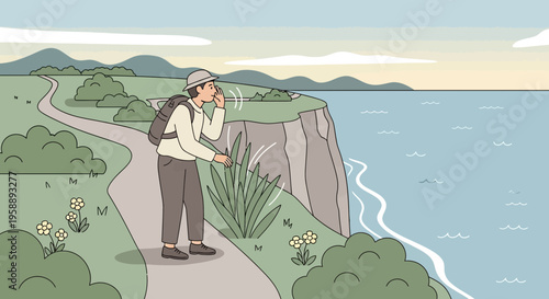 Adventurous Traveler Exploring Coastal Path Calling Out Loud